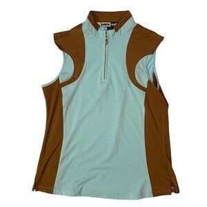 Jamie Sadock Women's Medium 1/4 Zip Cap Sleeve Golf Top Brown Light Blue-Green